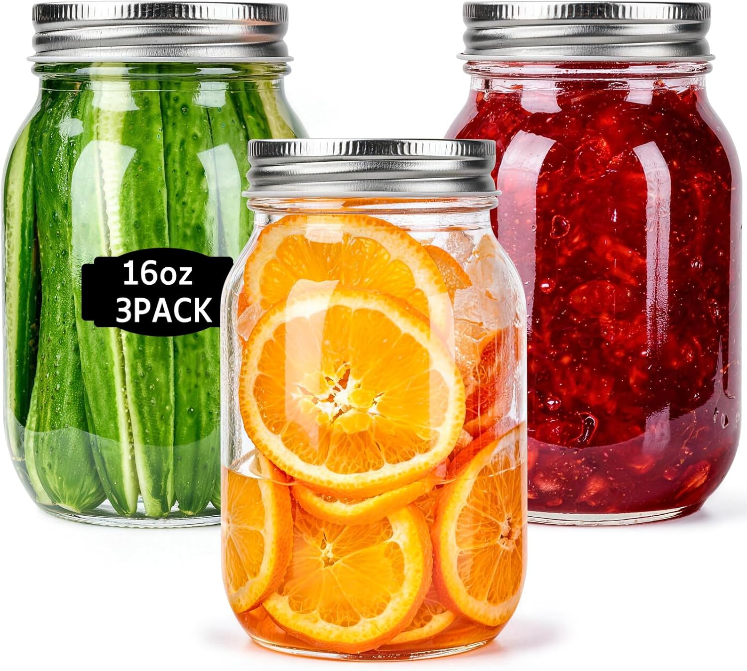Glass Mason Jars, 3 Pack 16oz  - Food Packed Snacks reseña y precio