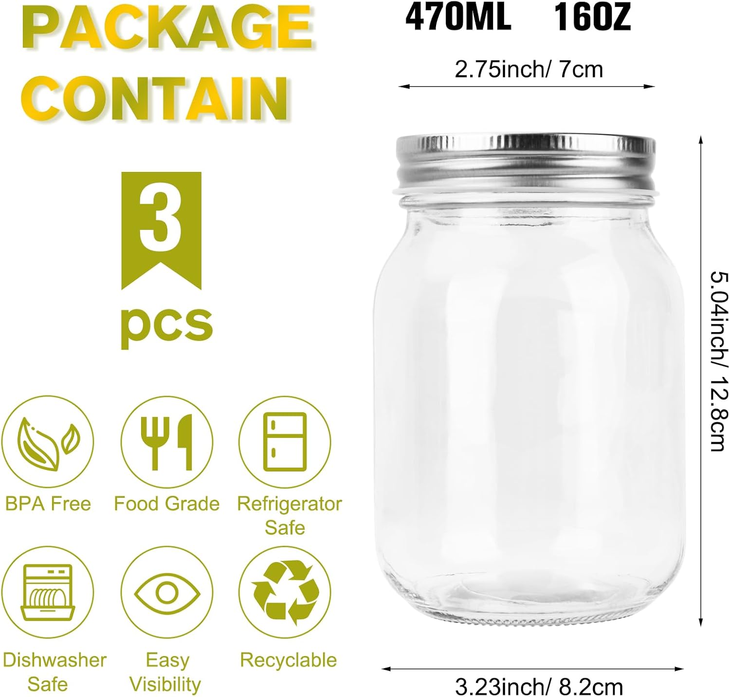 Glass Mason Jars, 3 Pack 16oz  - Food Packed Snacks reseña y precio